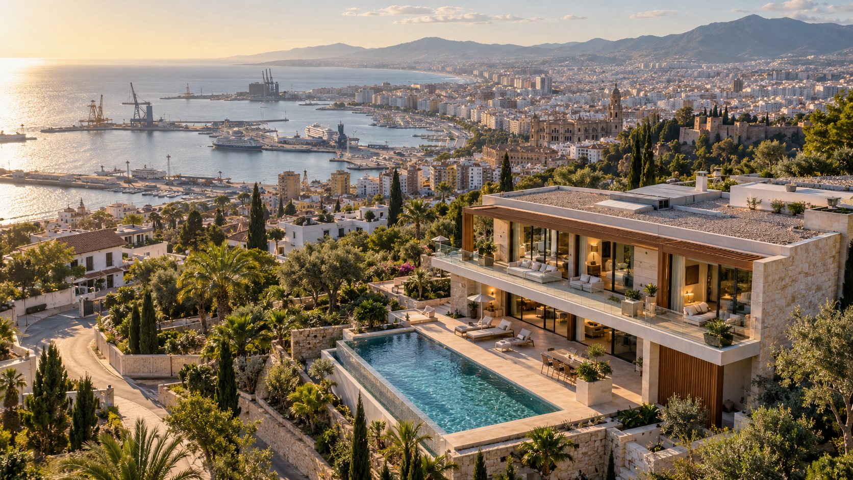 Villa with pool overlooking the bay of Malaga, seen from the air