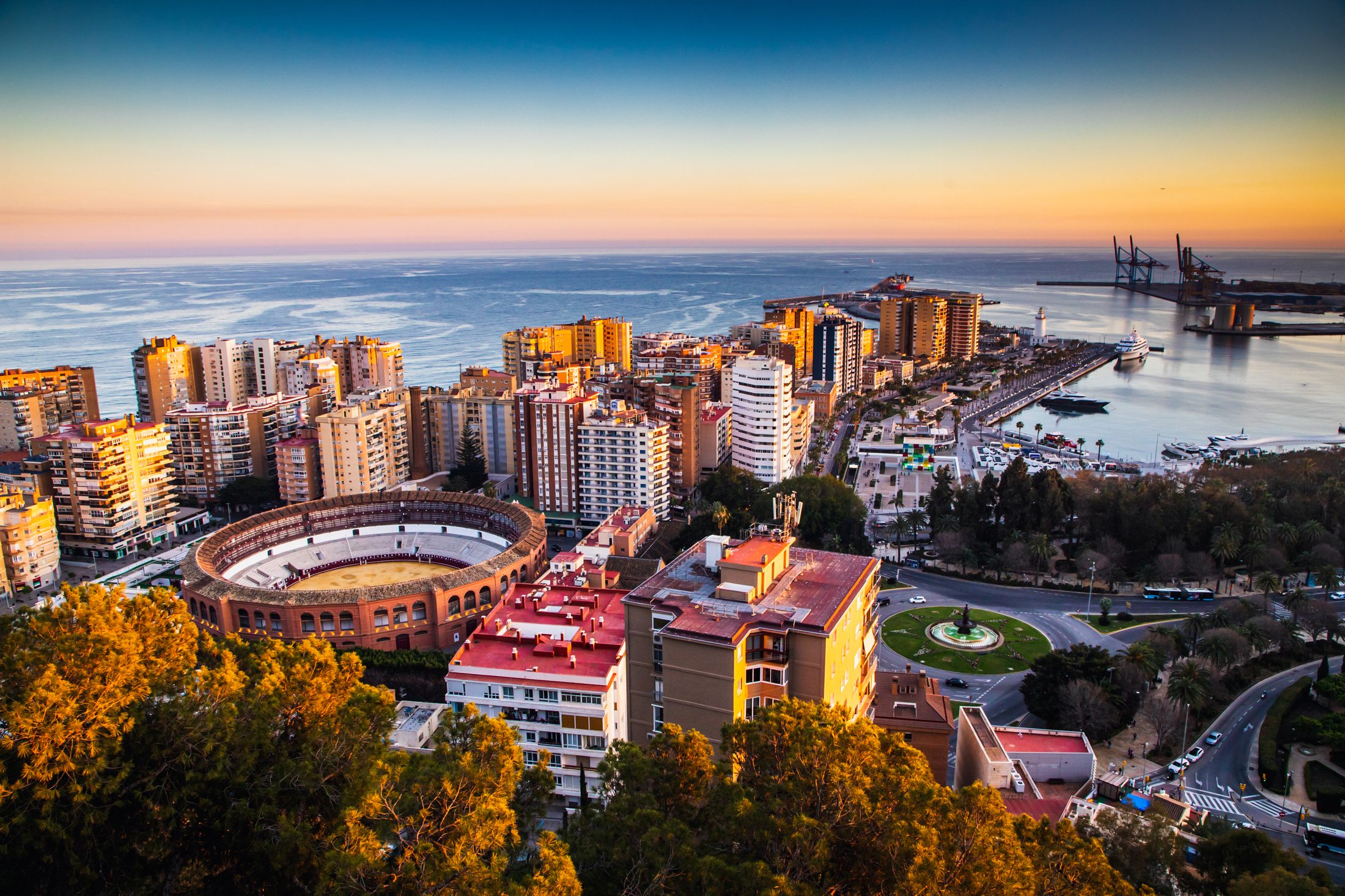 Aerial view of the coast at sunrise